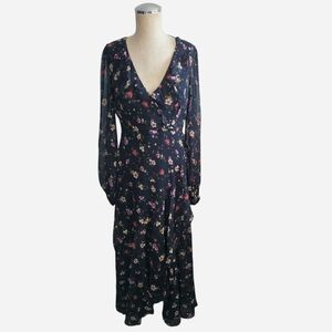 Guess Navy Floral Long Sleeve V-Neck Midi Dress 6